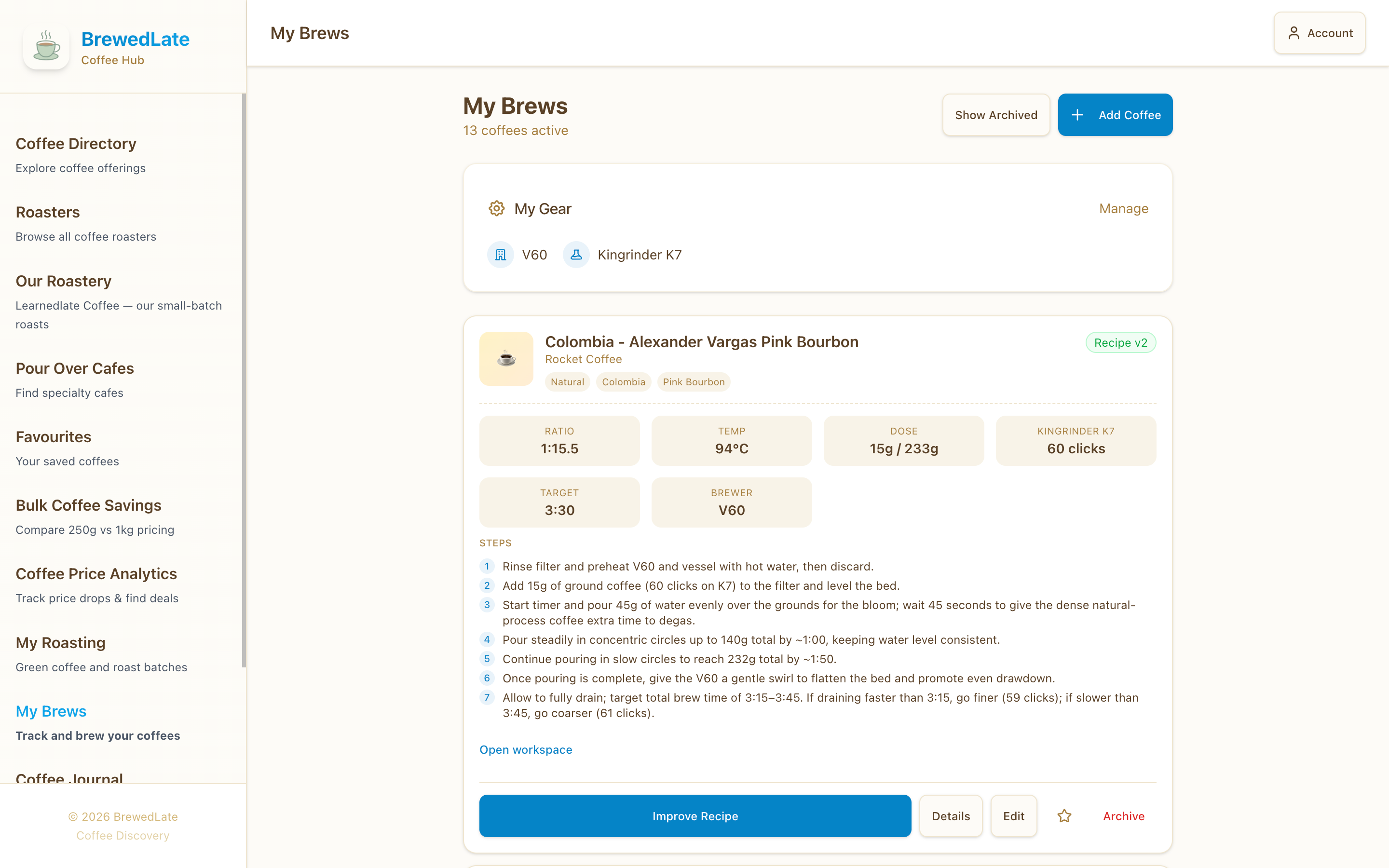 Coffee brewing recipe with ratio, temperature, dose, and step-by-step instructions