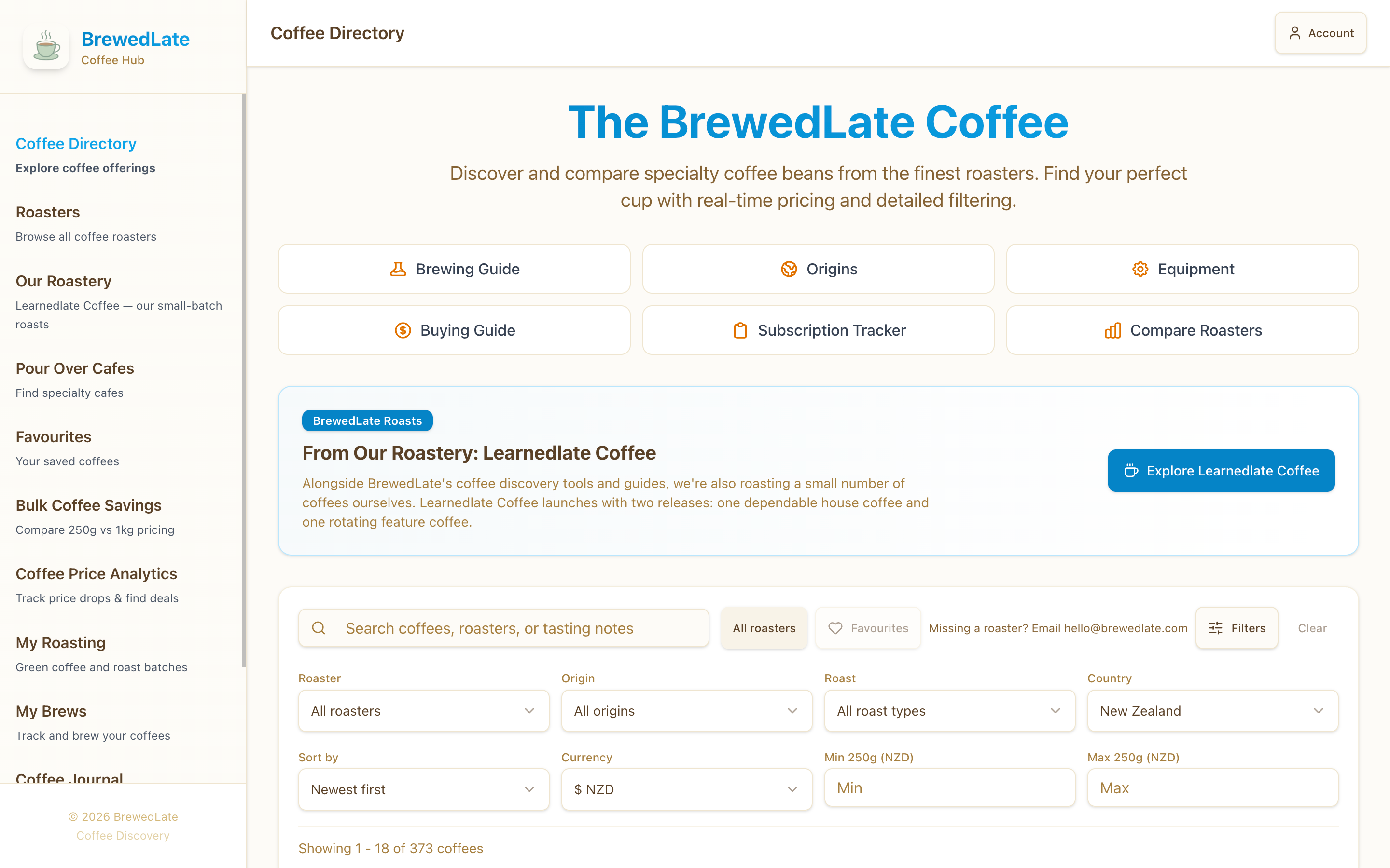 Coffee origins guide showing filters for different regions and countries