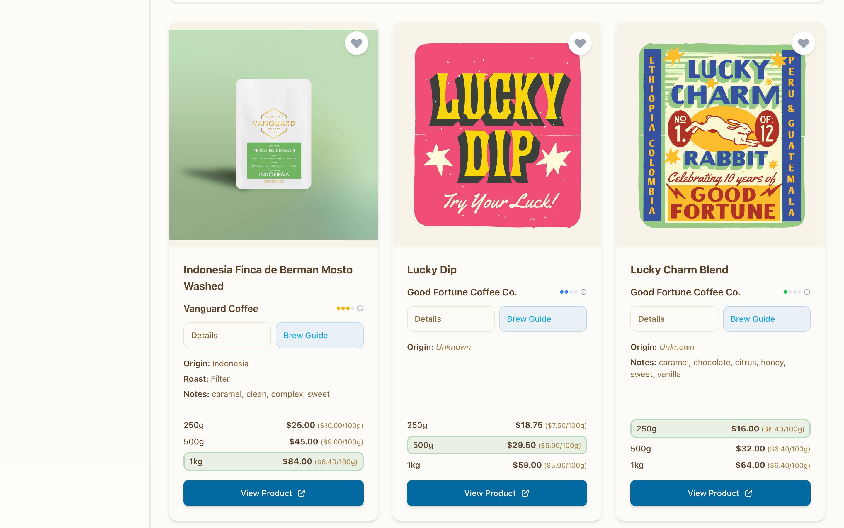 Coffee buying guide showing product details, pricing, and tasting notes